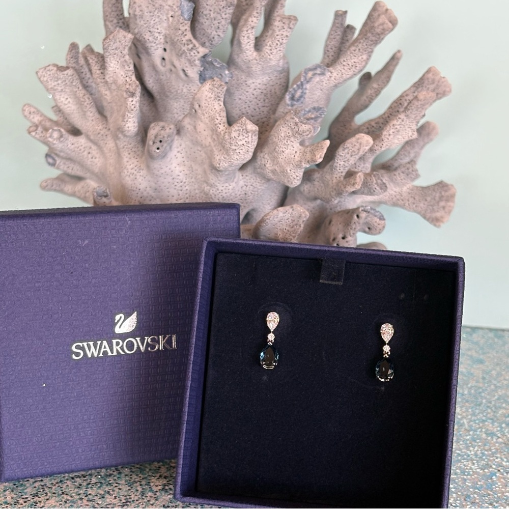 Rare Swarovski Blue Pear-Cut And Clear Crystals Vintage Drop Earrings 19mm - Picture 6 of 16